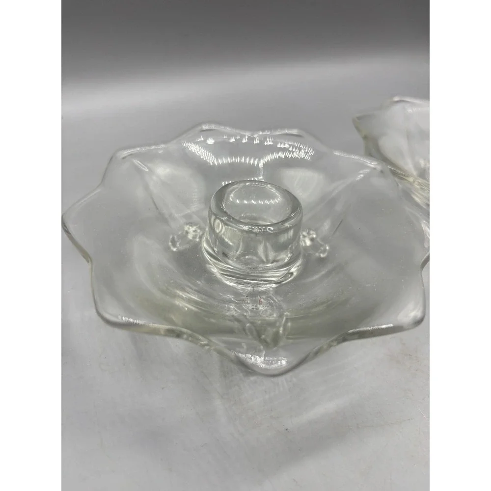 Vintage Clear Pressed Glass Scalloped Taper Candle Holders‎ Tripod Footed Pair